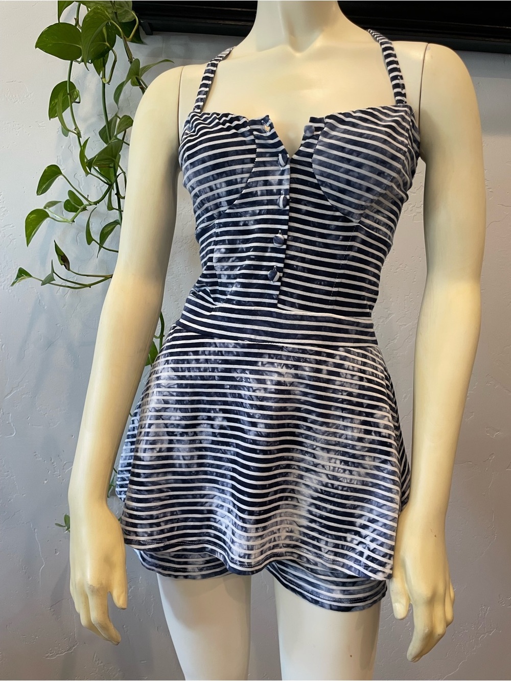 New stretch skirted striped navy acid wash romper retro festival S